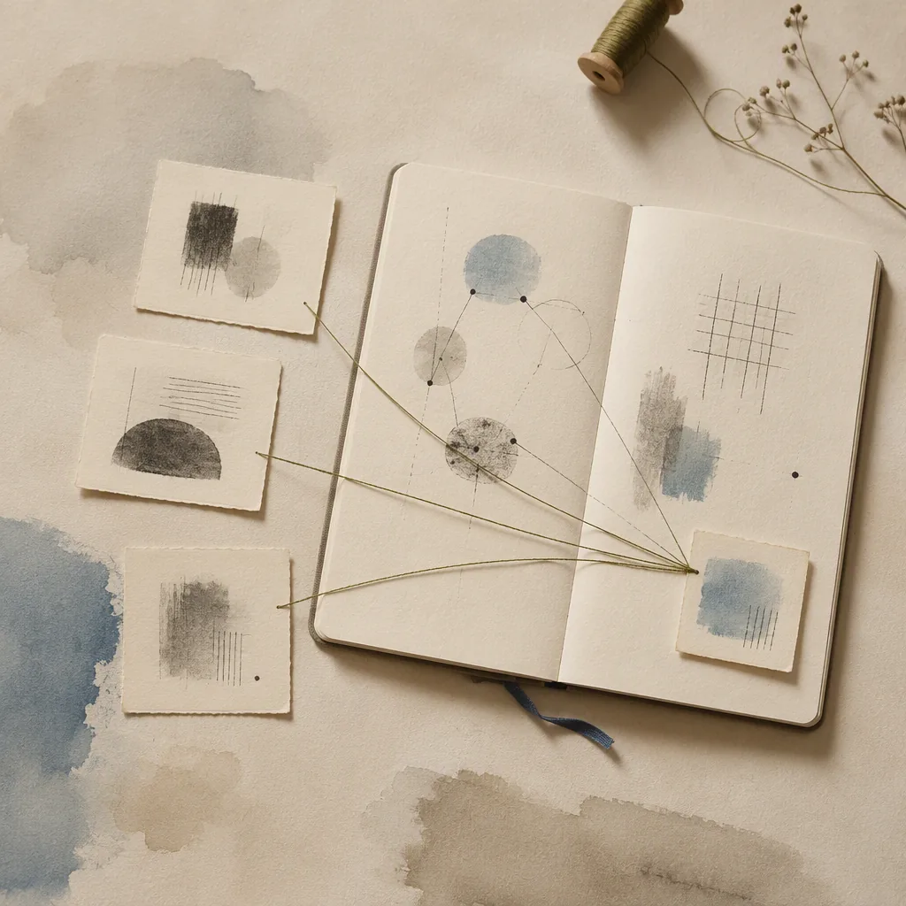 Open notebook with connected abstract shapes and olive thread linking paper swatches