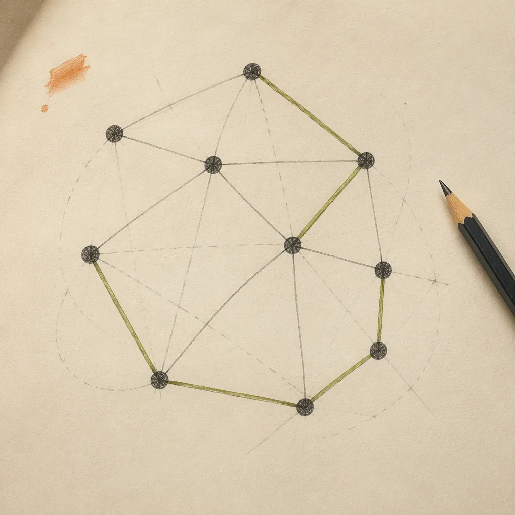 Pencil-drawn graph on beige paper, with olive paths connecting its nodes