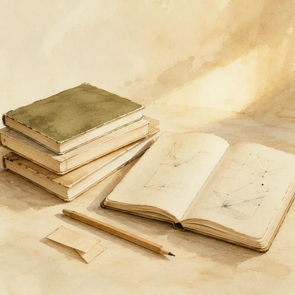 Watercolor notebooks, an open sketchbook and a wooden pencil on a cream surface
