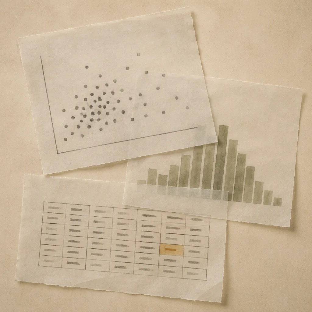 Paper charts with an olive scatter plot, histogram, and data table on a beige desk