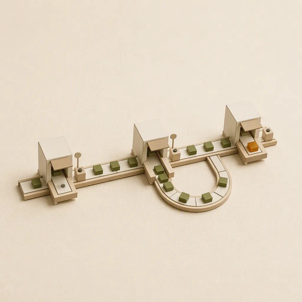 Miniature conveyor line with three stations and a curved side track