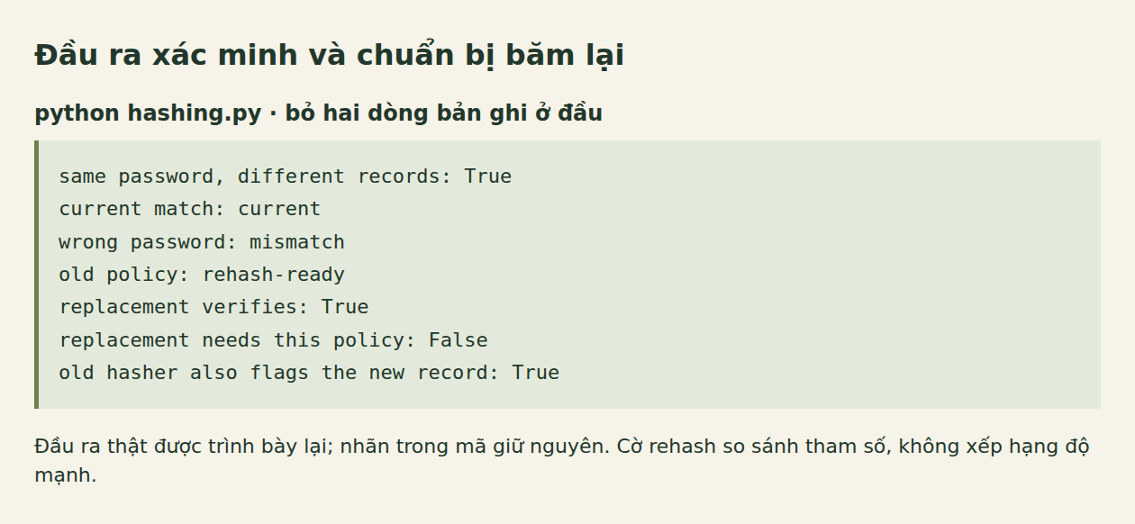 Đầu ra Python thật phân biệt mật khẩu khớp cấu hình hiện tại, mật khẩu sai, chuyển đổi được phê duyệt và việc đối tượng cũ cũng đánh dấu bản ghi mới.