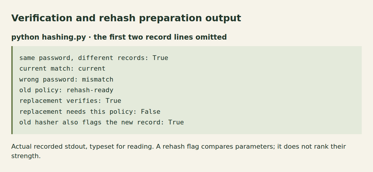 Actual Python output distinguishes a current match, a mismatch, an approved rehash and the older hasher also flagging the new record.