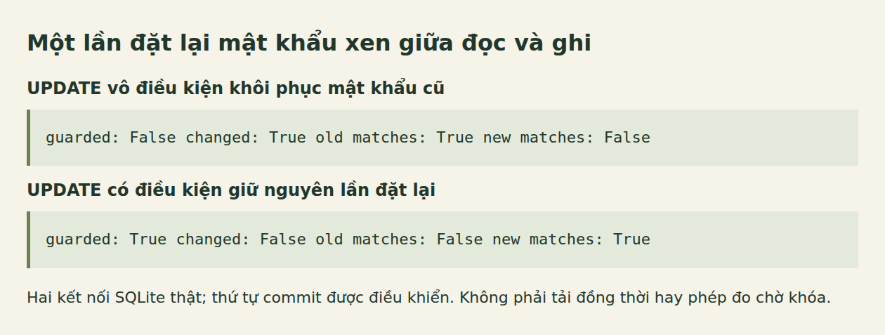 Kết quả thật từ hai kết nối đối chiếu lần ghi vô điều kiện khôi phục mật khẩu cũ với lần ghi có điều kiện giữ nguyên mật khẩu đã đặt lại.