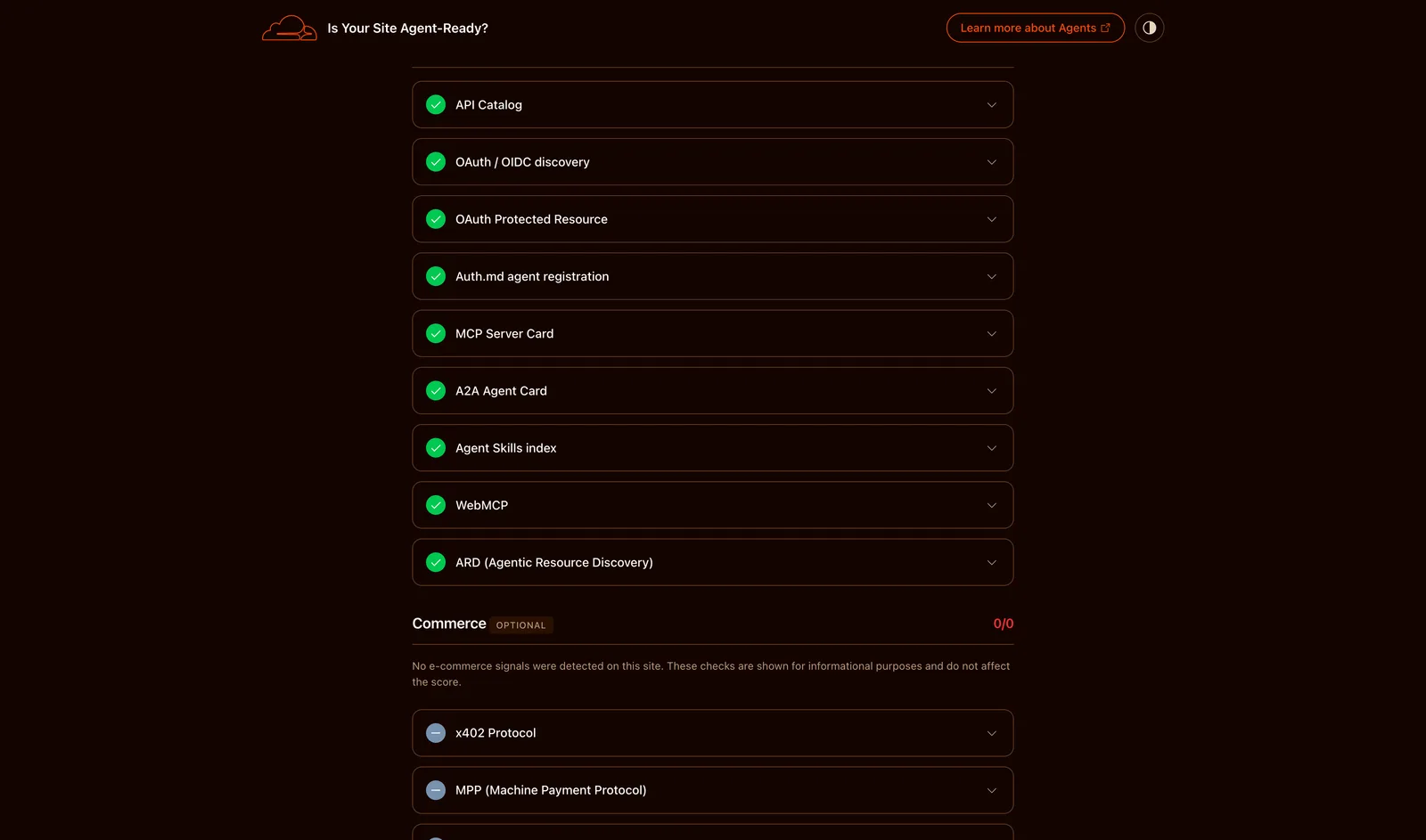 Checklist from the Is Your Site Agent-Ready? rescan: API Catalog, OAuth and OIDC discovery, OAuth Protected Resource, auth.md, MCP Server Card, Agent Skills index, WebMCP and ARD pass together with the A2A Agent Card, so the group shows 9 of 9, followed by the optional Commerce checks