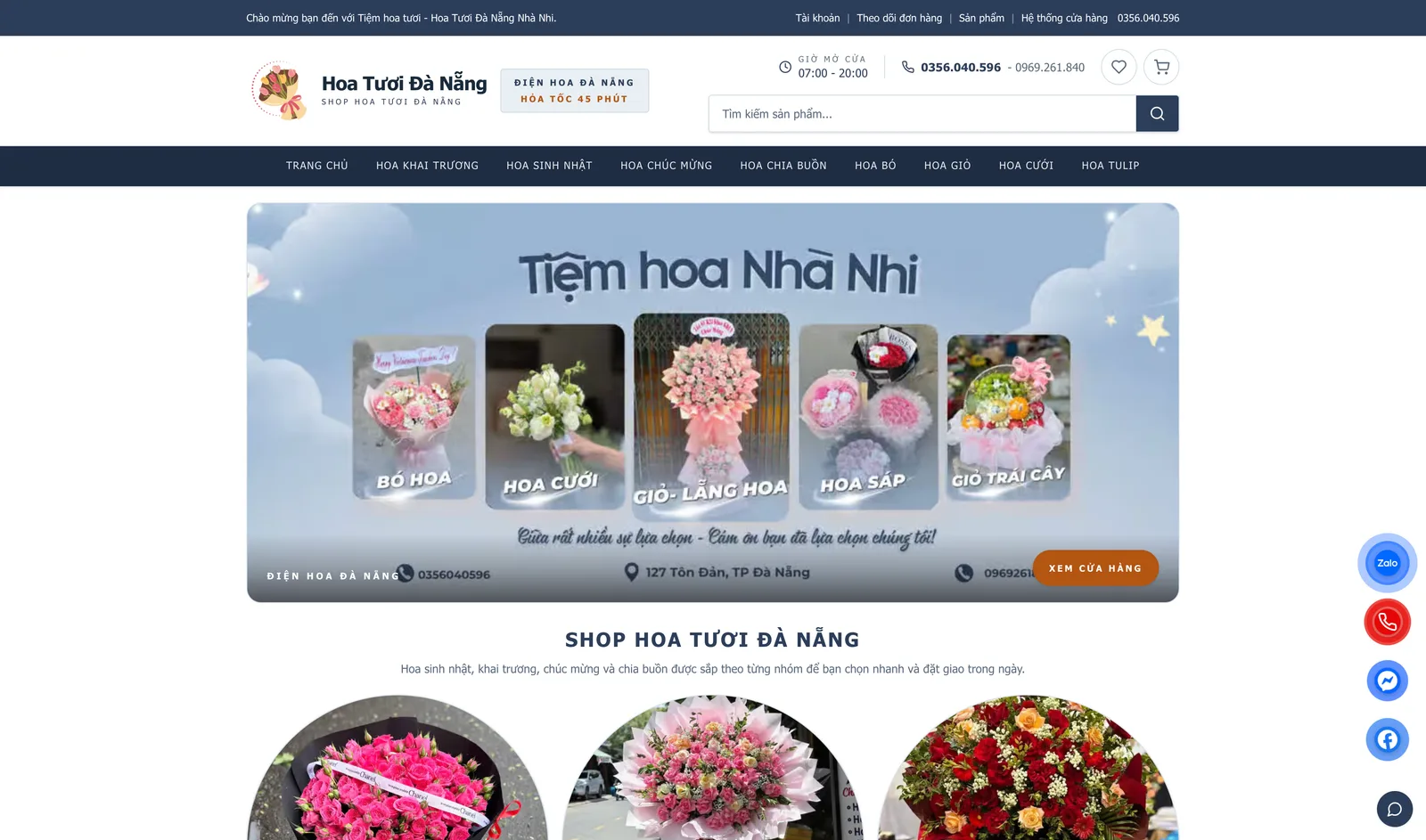 Homepage of the Nhà Nhi flower shop website showing the Tiệm hoa Nhà Nhi banner with bouquets, a basket and a wreath, the navigation menu and opening hours