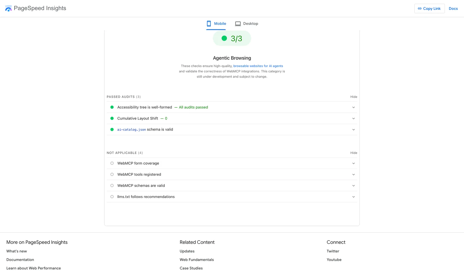 PageSpeed Insights Agentic Browsing section for mobile showing three passed audits, including a valid ai-catalog.json schema, and four audits marked not applicable
