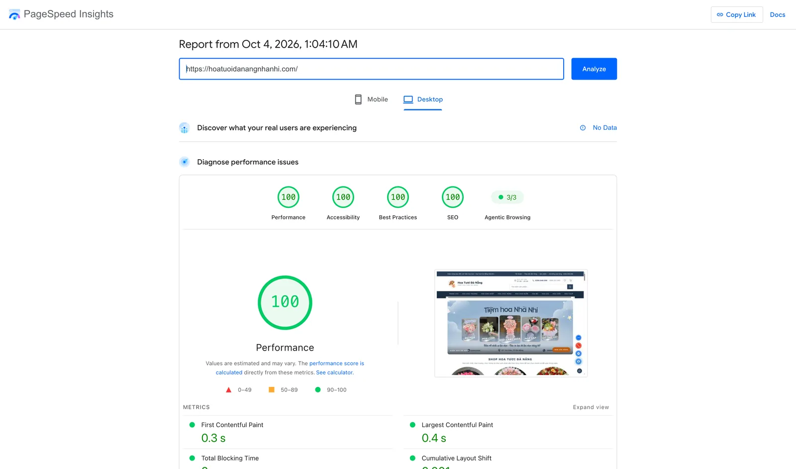 PageSpeed Insights desktop report for hoatuoidanangnhanhi.com showing 100 for Performance, Accessibility, Best Practices and SEO, 3 of 3 for Agentic Browsing, first contentful paint 0.3 seconds and largest contentful paint 0.4 seconds