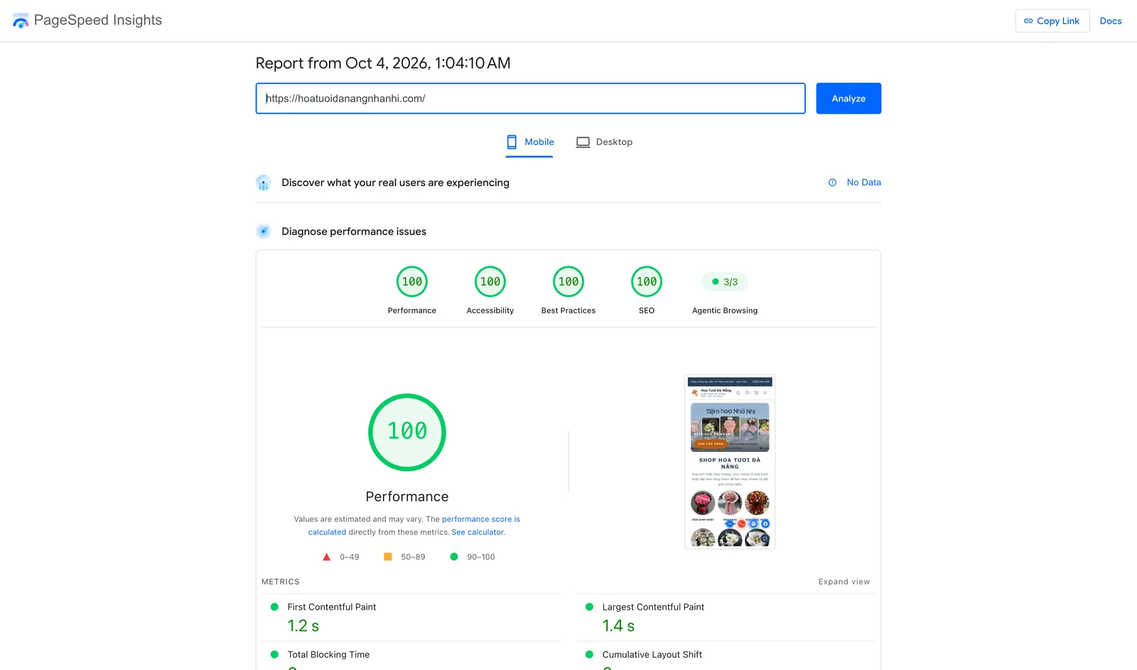 PageSpeed Insights mobile report for hoatuoidanangnhanhi.com showing 100 for Performance, Accessibility, Best Practices and SEO, 3 of 3 for Agentic Browsing, first contentful paint 1.2 seconds and largest contentful paint 1.4 seconds