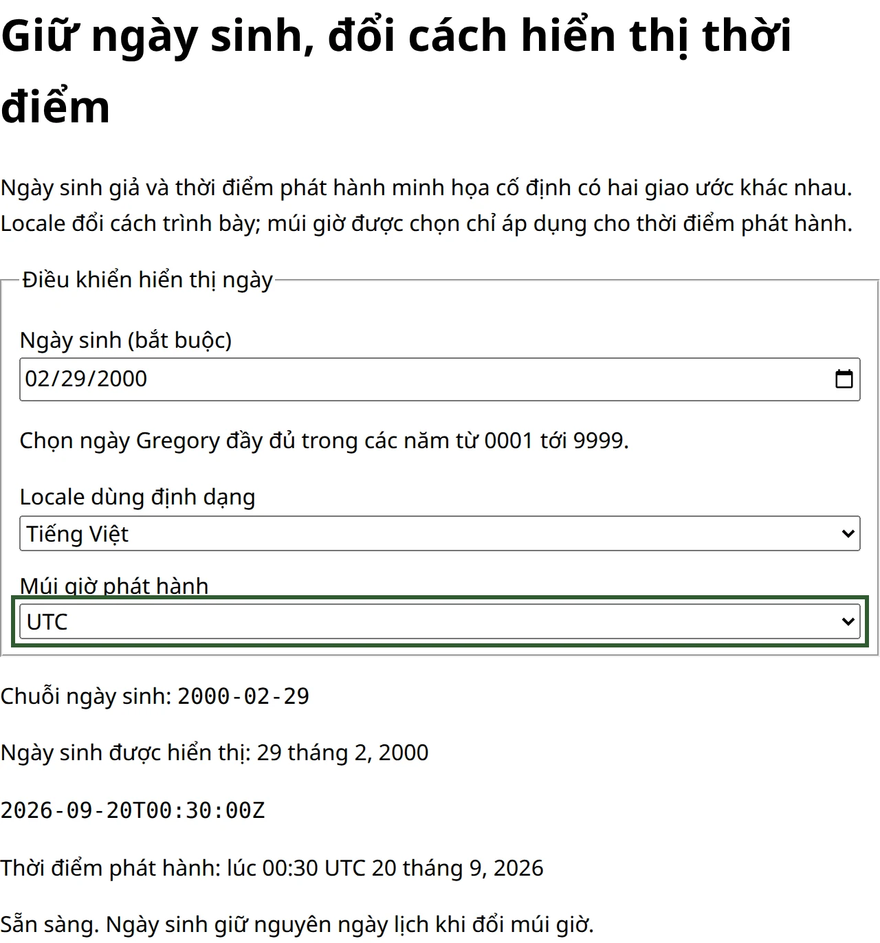 Ví dụ tiếng Việt đang chạy trong trình duyệt sau khi chọn UTC: ngày sinh vẫn là 29 tháng 2 năm 2000, còn thời điểm phát hành được hiển thị lúc 00:30 ngày 20 tháng 9 năm 2026 theo UTC.