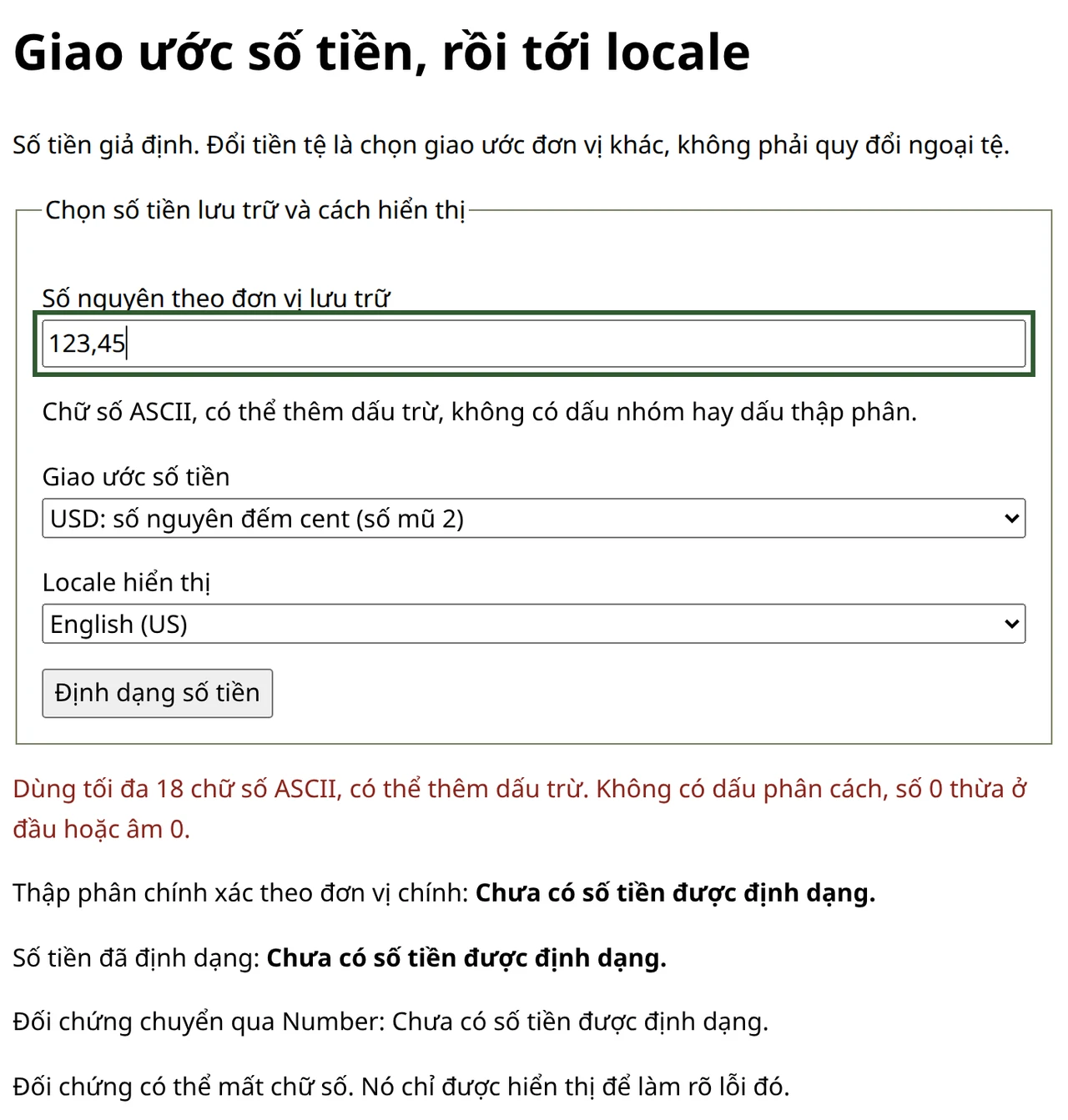 Biểu mẫu tiếng Việt từ chối đầu vào có dấu phẩy, xóa kết quả và đưa focus về ô số tiền có mô tả lỗi