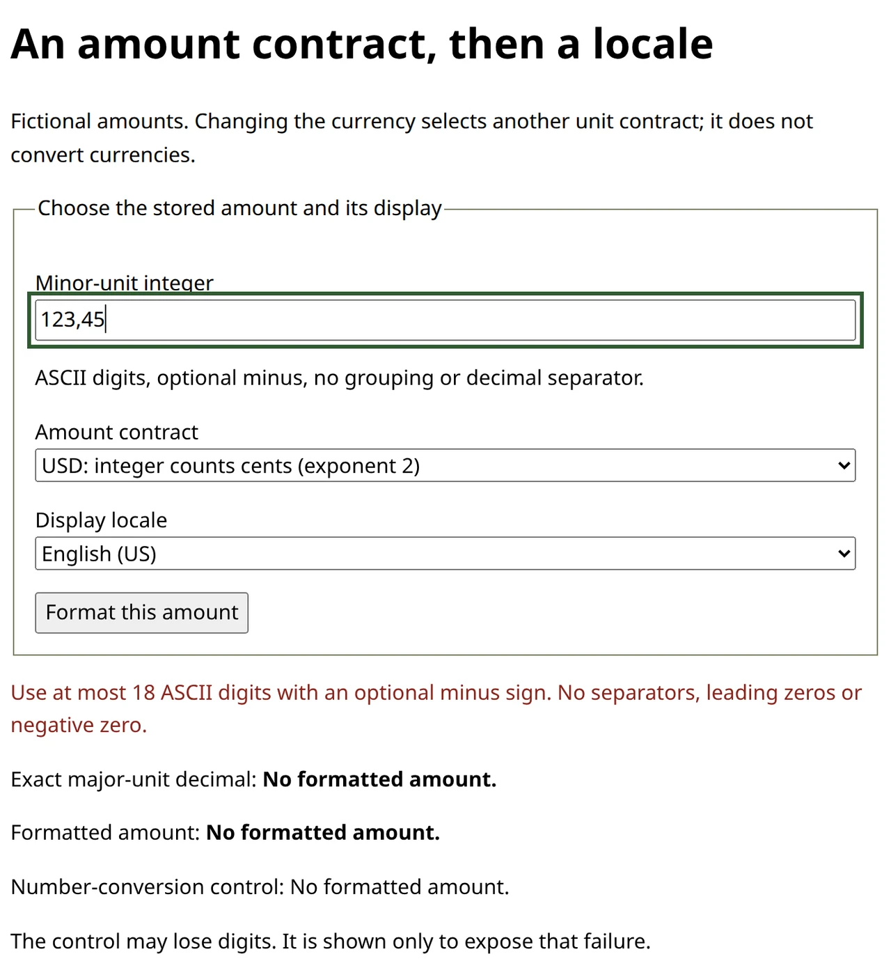 Native English form rejects comma-separated input, clears its results and returns focus to the described amount field
