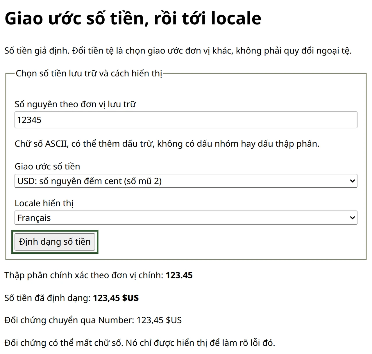 Biểu mẫu tiếng Việt hiển thị 12345 cent thành 123.45 đơn vị chính theo định dạng tiền tệ tiếng Pháp
