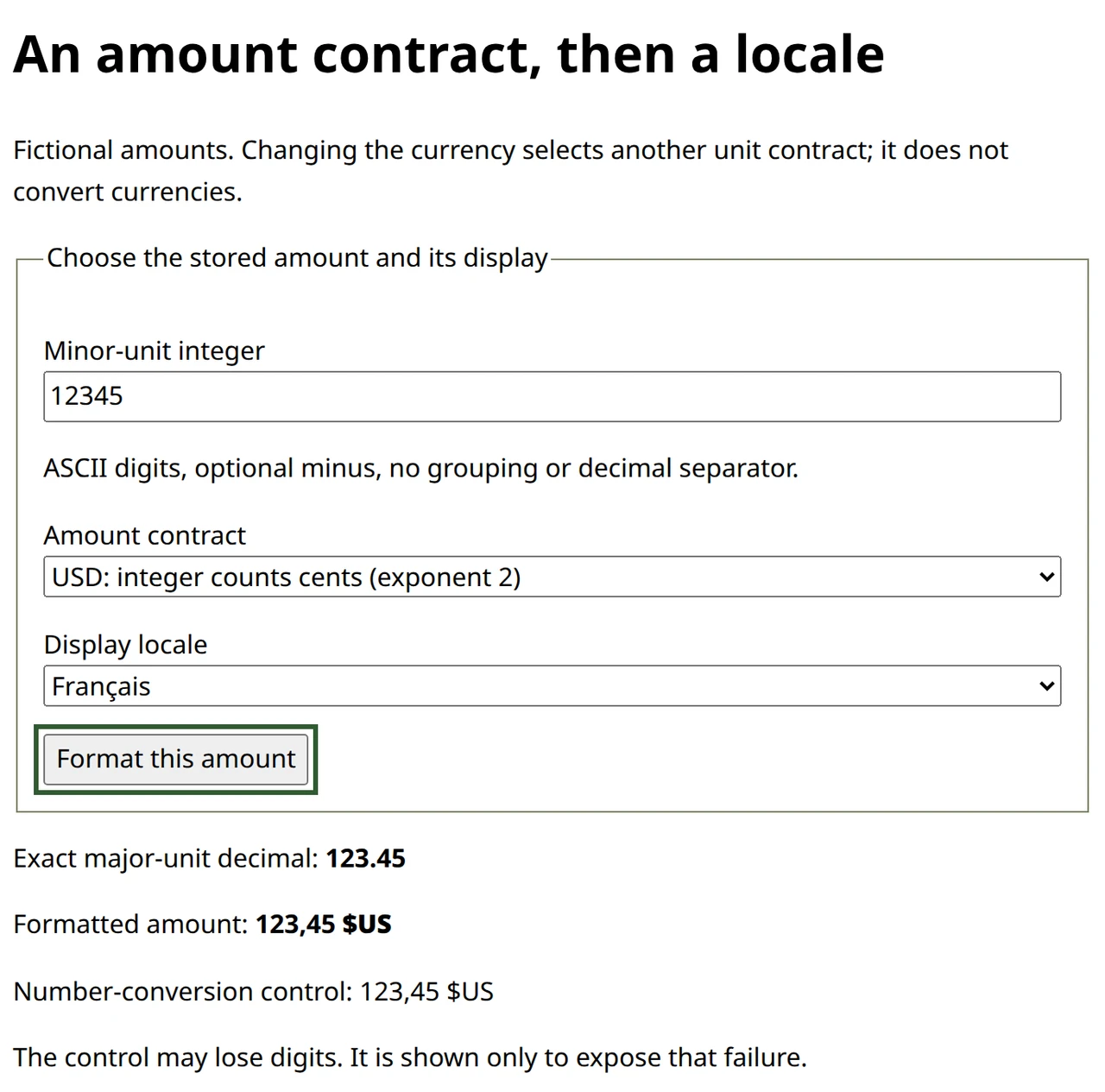 Native English form displaying 12345 cents as 123.45 major units with French currency formatting
