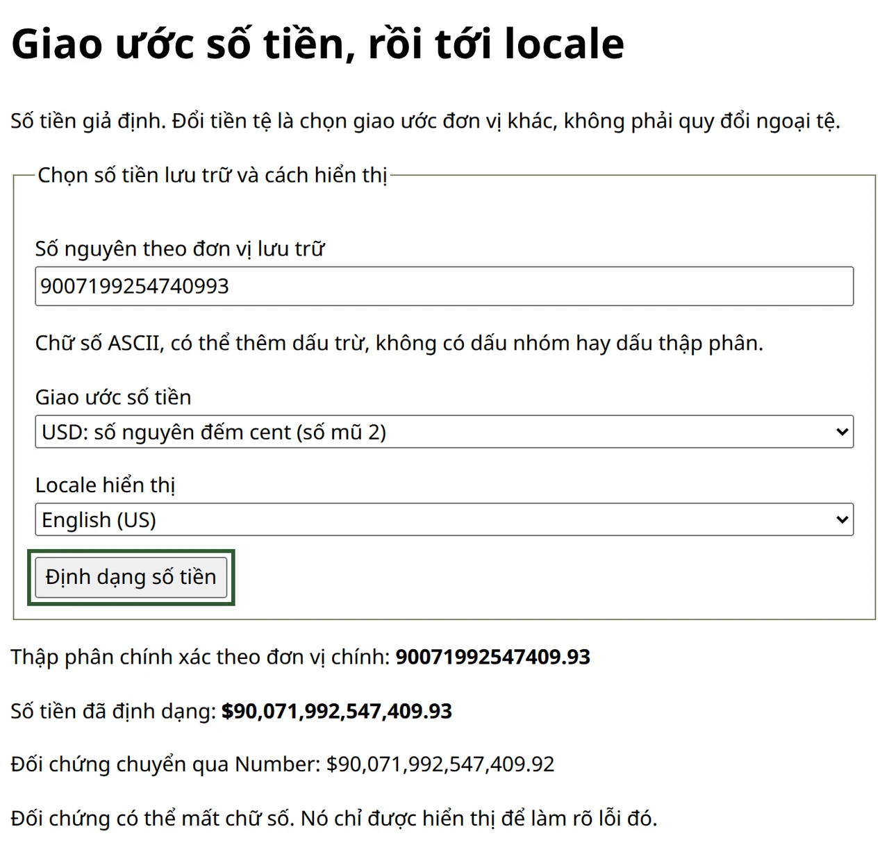 Biểu mẫu tiếng Việt hiển thị số tiền USD chính xác kết thúc bằng .93 cạnh đối chứng Number kết thúc bằng .92