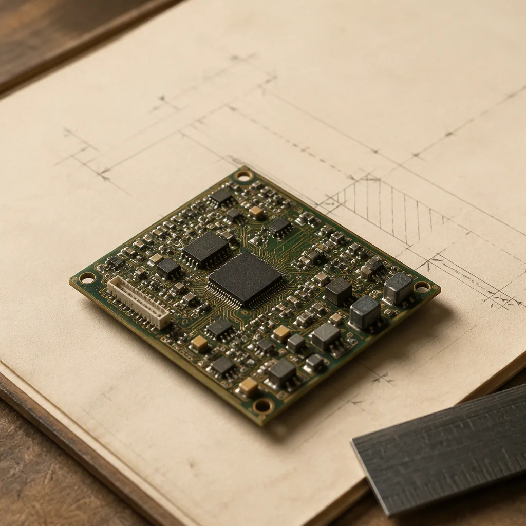 Illustrated circuit board resting on drafting paper with faint technical sketches
