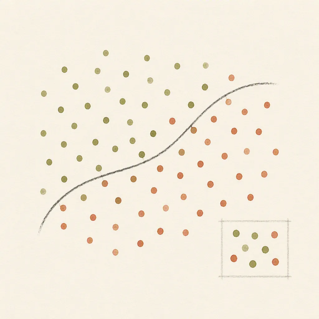 Olive and orange points separated by a curved line, with a small boxed sample