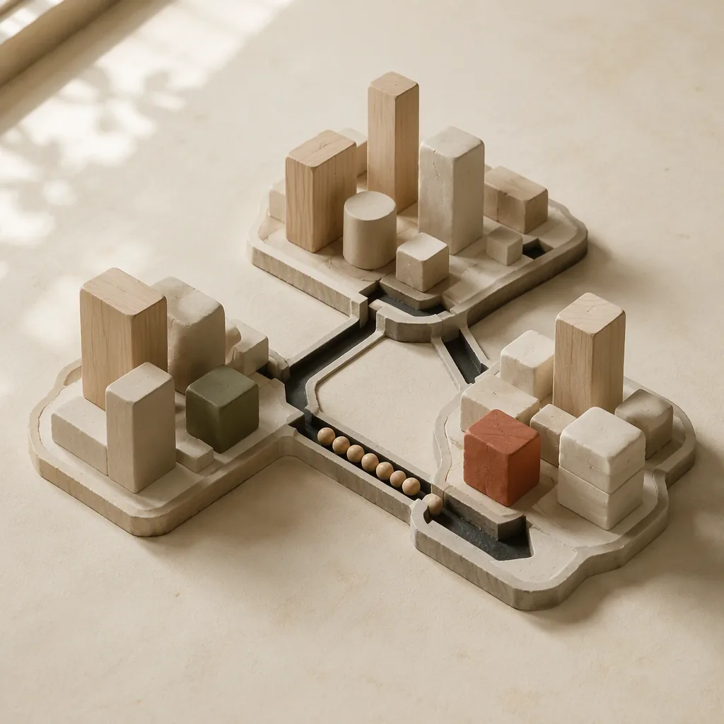 Three miniature block-built clusters connected by channels and small wooden balls